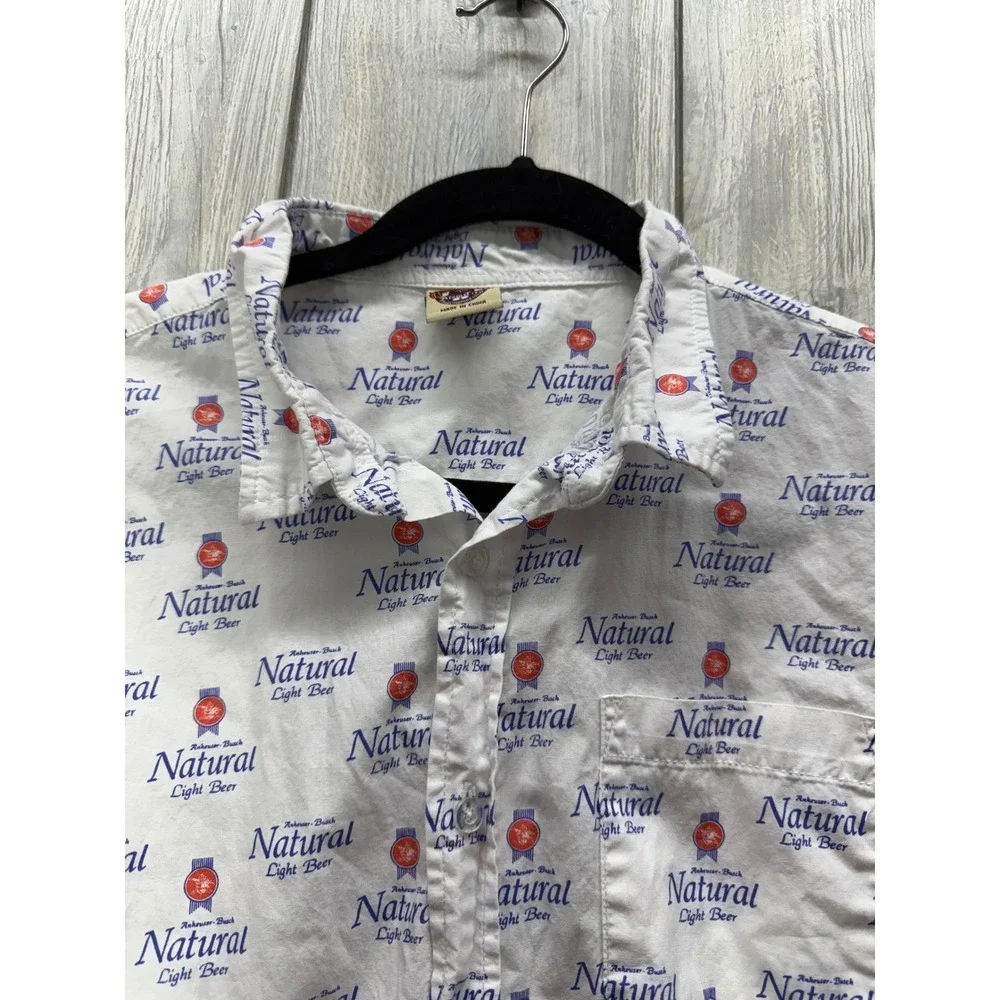 Brew City Natural Light Beer Mens Large All Over Print Button Down Shirt White